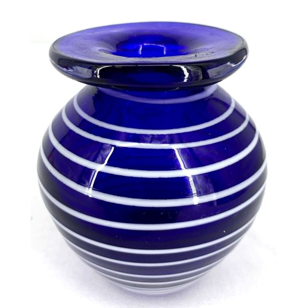 Cobalt Blue Vase Art Glass Iridescent White Swirled Small 3 1/4" - Picture 4 of 6